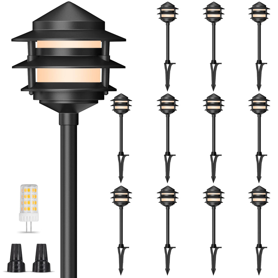 Gardencoin Pagoda lantern front view along a garden path with warm glow