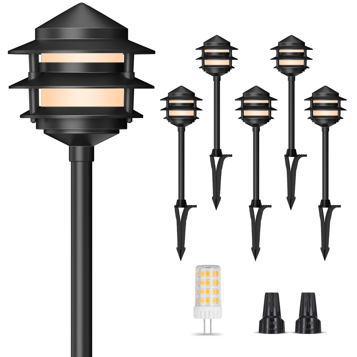 Gardencoin Pagoda low voltage light, front view, durable aluminum for long-lasting outdoor path lighting.