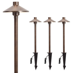 Gardencoin solid brass path light, front view highlighting sturdy shade for walkways.