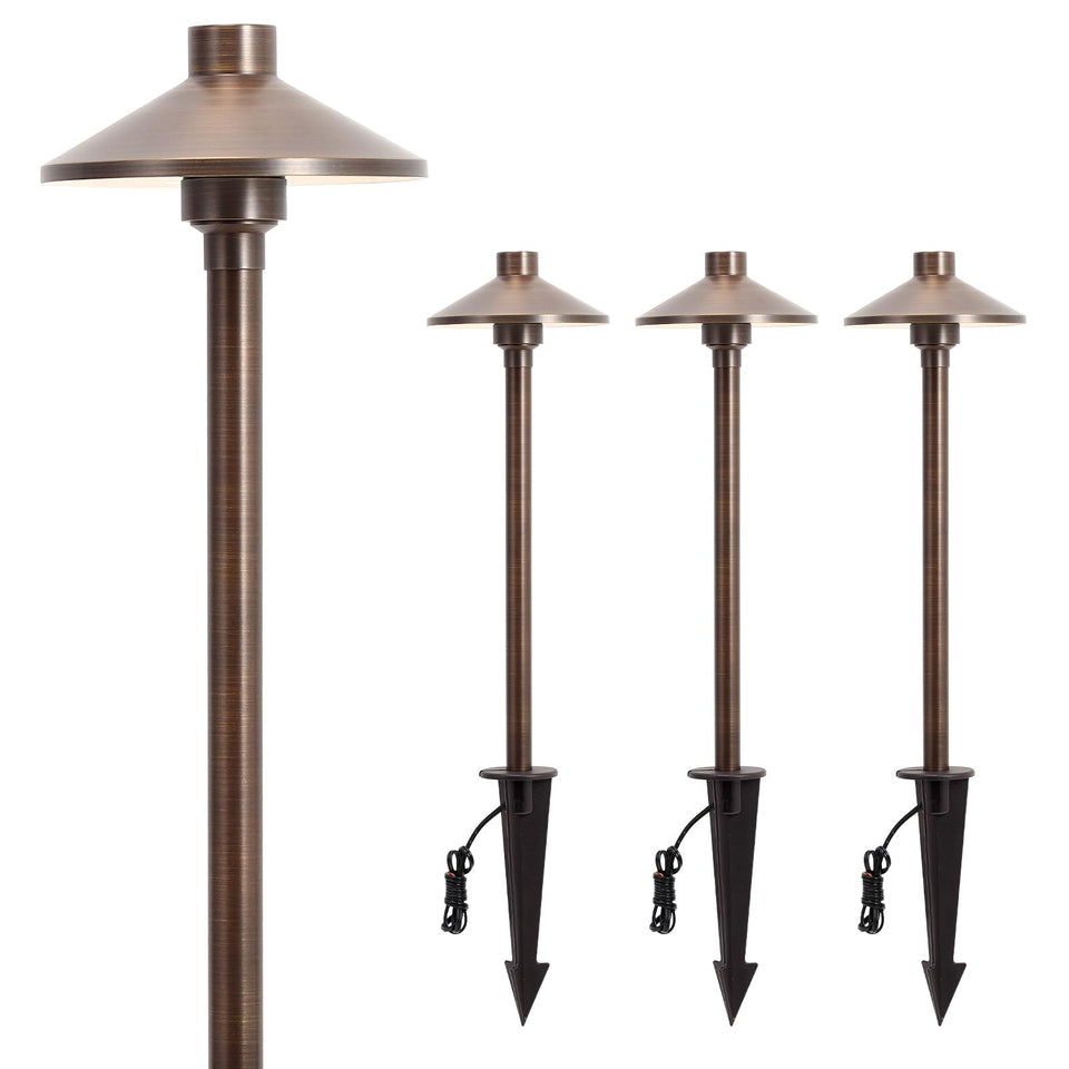 Gardencoin solid brass path light, front view highlighting sturdy shade for walkways.