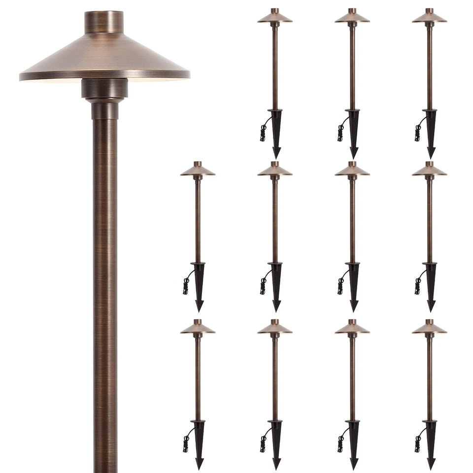 Gardencoin solid brass path light with a 6.7-inch shade for durable outdoor illumination.
