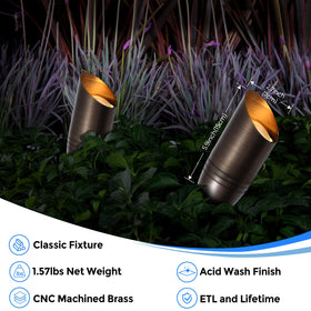Gardencoin garden spotlight highlights a tree accent after dusk with warm light