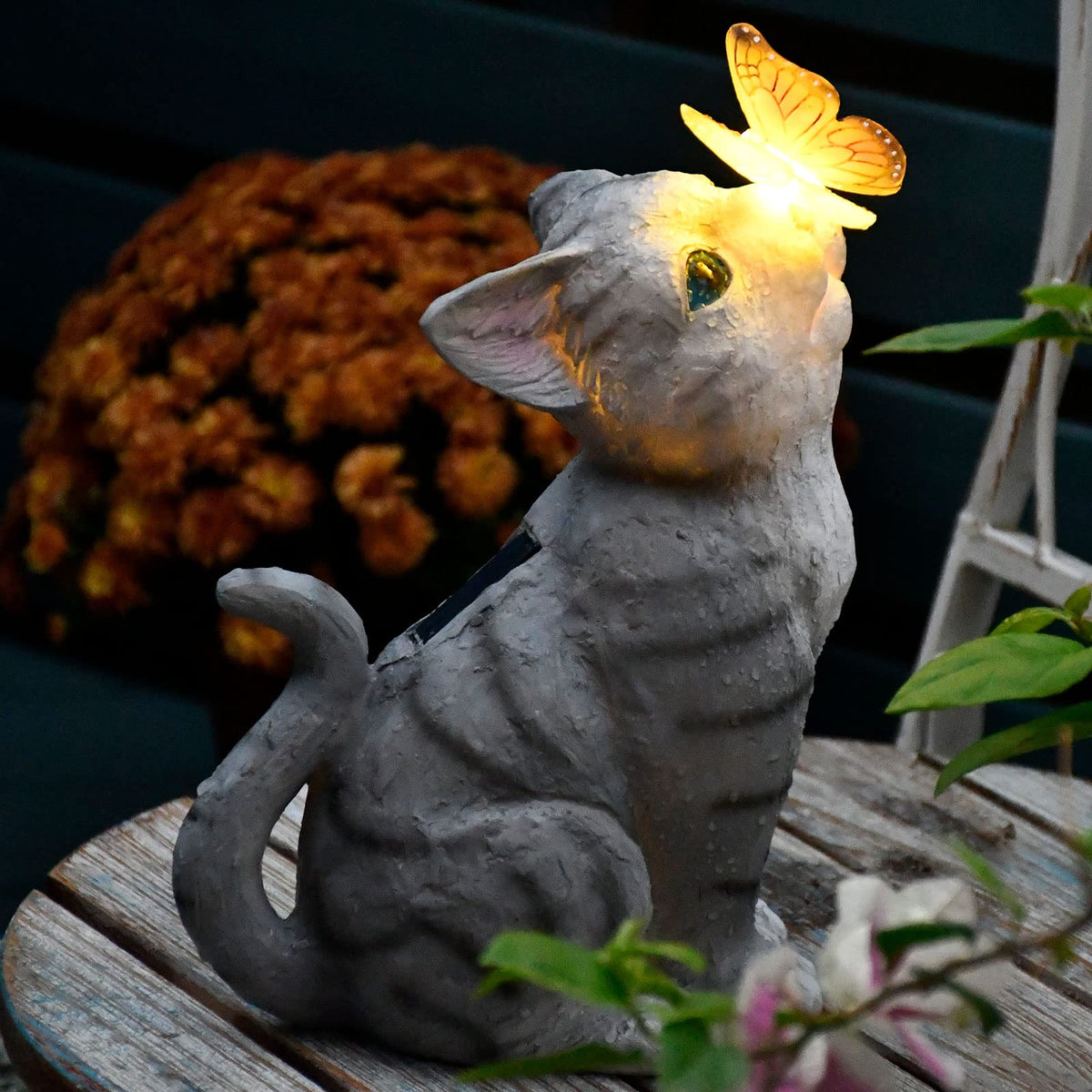 Gardenfans cat garden statue with solar LED lights for outdoor charm.