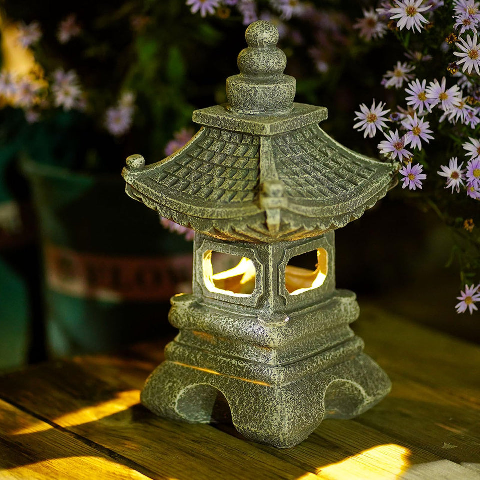 Gardenfans Solar Pagoda Lantern front view with serene yard decor and gentle illumination