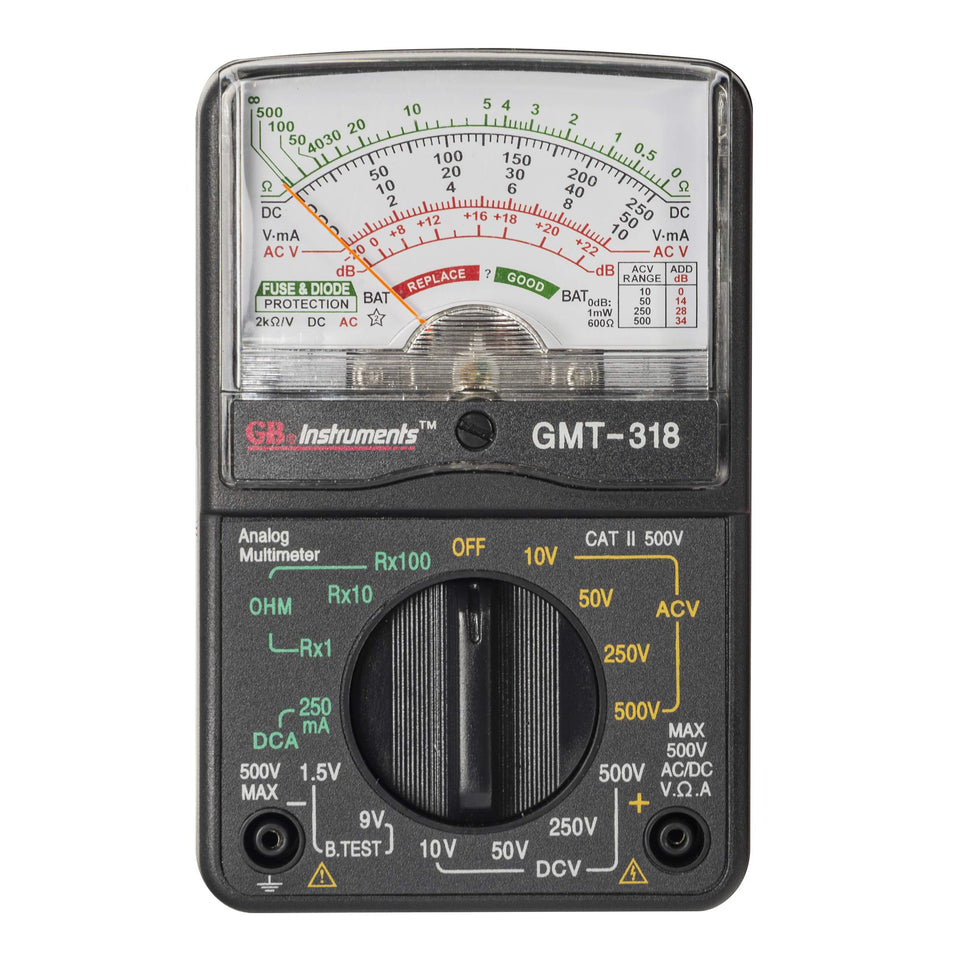 Gardner Bender GMT-318 front view with color-coded dial for quick readings.