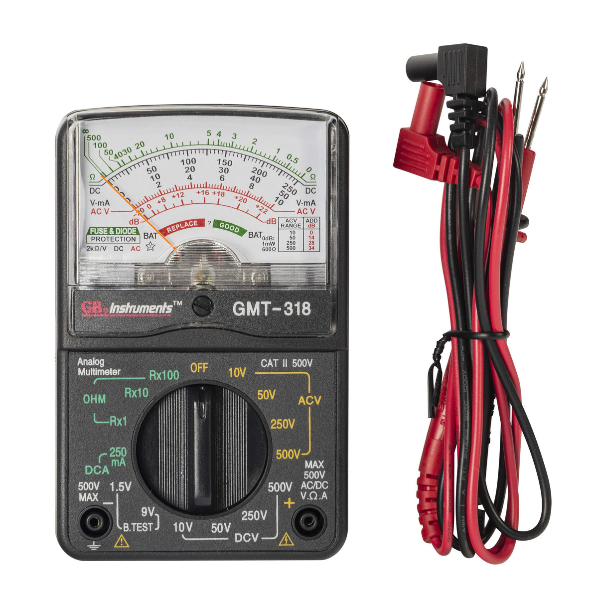 GMT-318 side view showing compact, portable meter for on-the-go use.