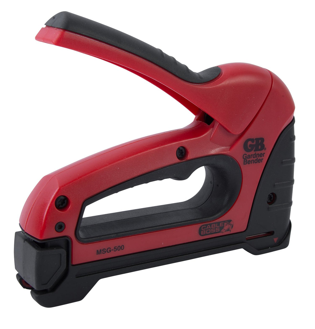 MSG-501 ergonomic handle close-up supports two-handed operation during heavy-duty stapling.