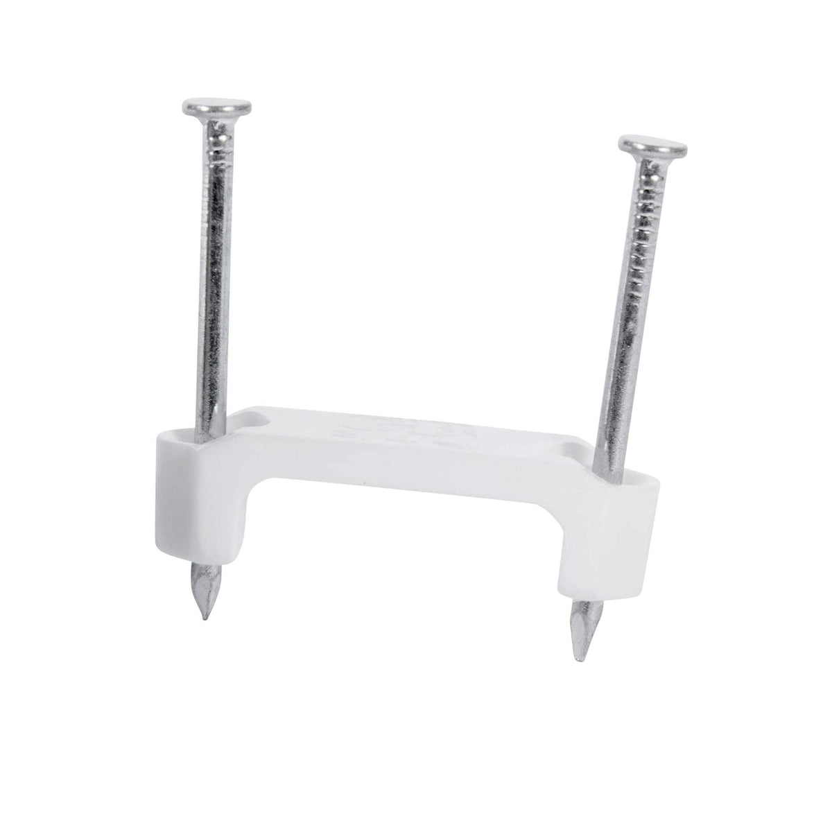 Gardner Bender PS-350C plastic staple securing NM cable to wood with a smooth saddle.