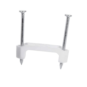 Gardner Bender PS-350C plastic staple securing NM cable to wood with a smooth saddle.