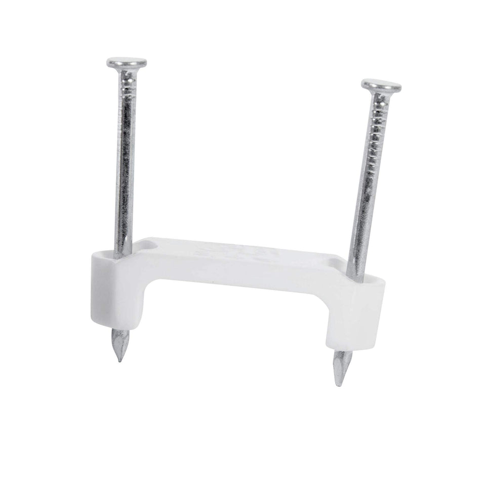 Gardner Bender PS-350C plastic staple securing NM cable to wood with a smooth saddle.