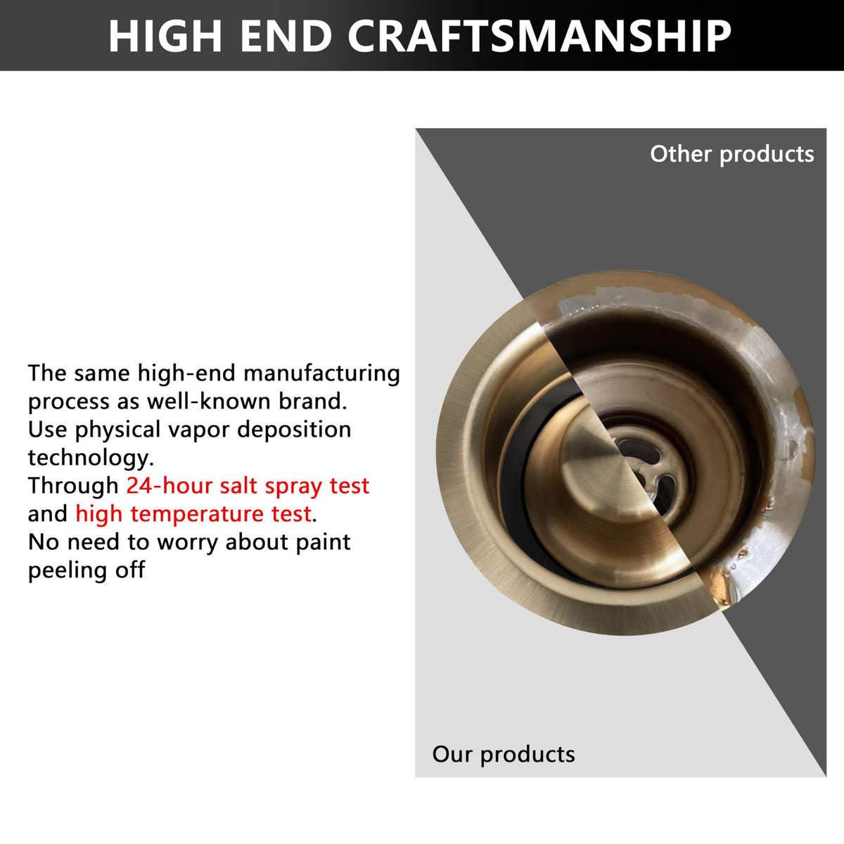 Brushed gold finish detail highlights luxury look compatible with Kraus and Delta products.