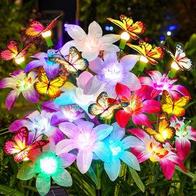 Garpar solar garden lilies and butterflies main view for vibrant color-changing ambiance.