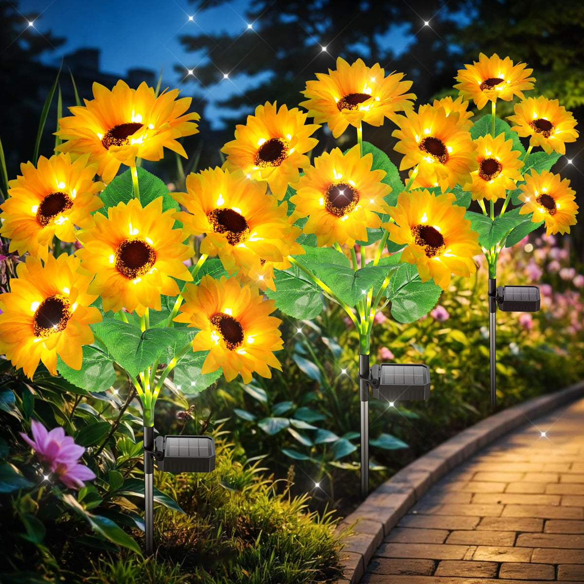 Garpar solar garden light with 18 sunflowers brightens dusk garden beds