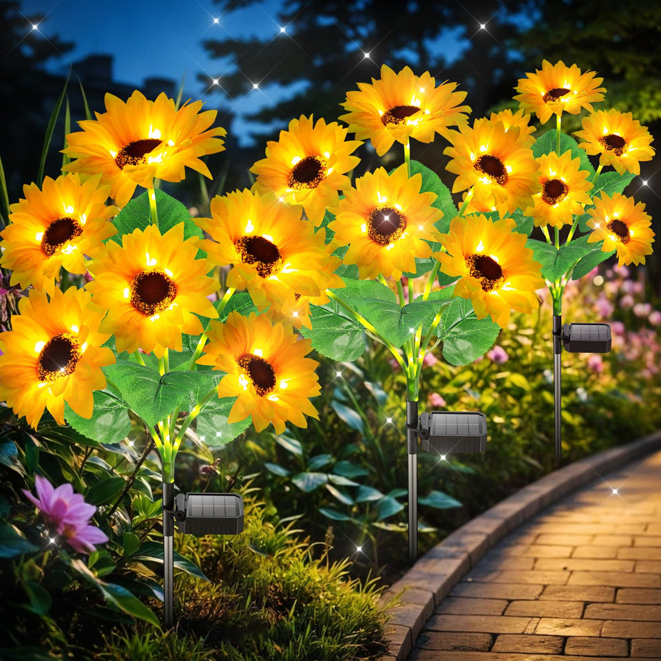 Garpar solar garden light with 18 sunflowers brightens dusk garden beds