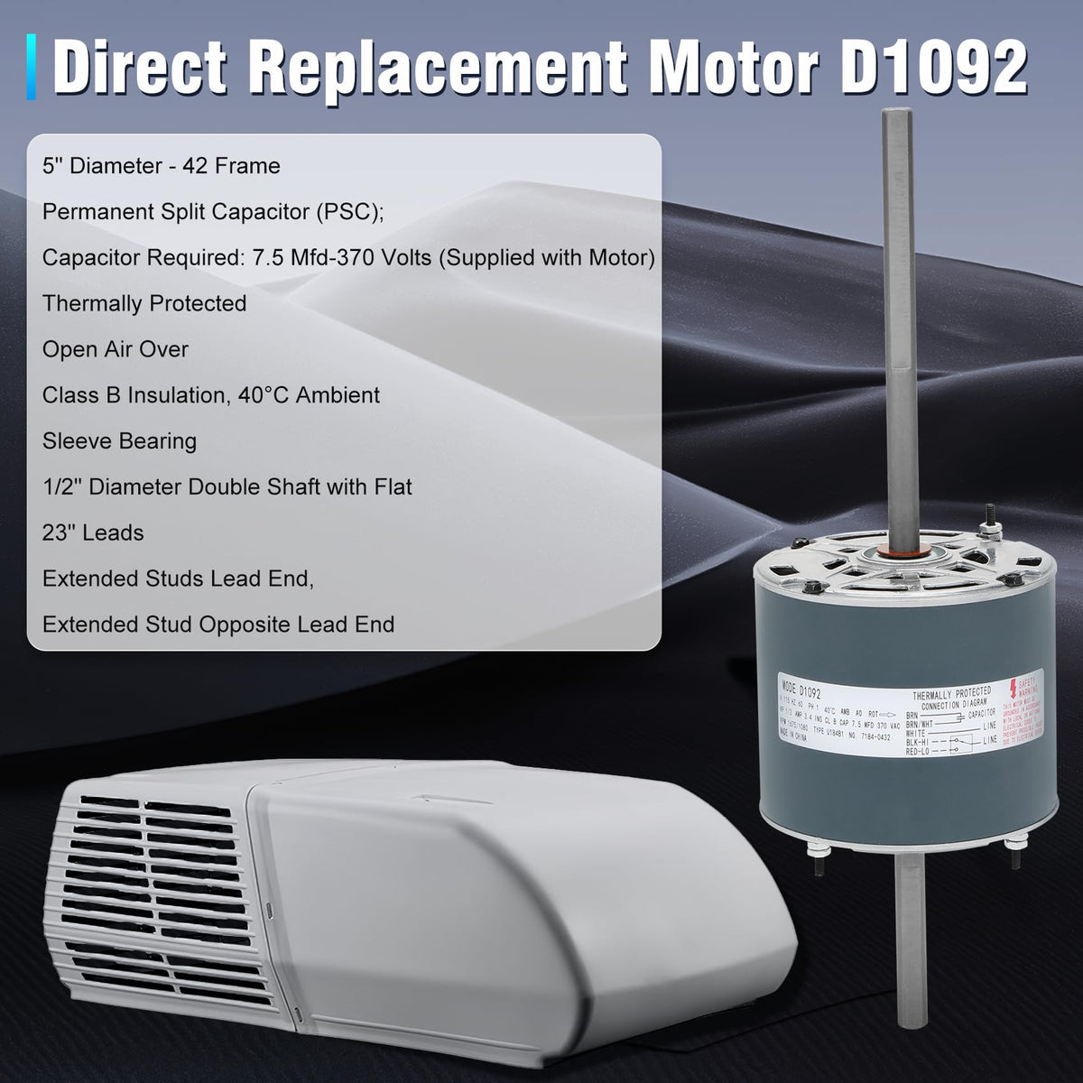Garsoo PSC capacitor included with motor for ready-to-wire installation.