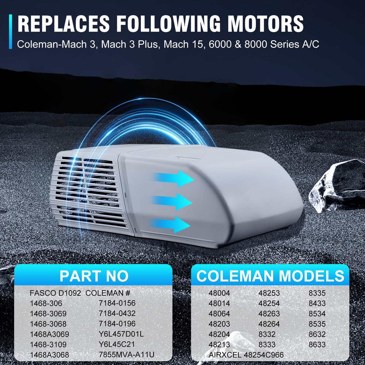 Garsoo RV AC fan motor side view highlights slim profile for space-efficient mounting.