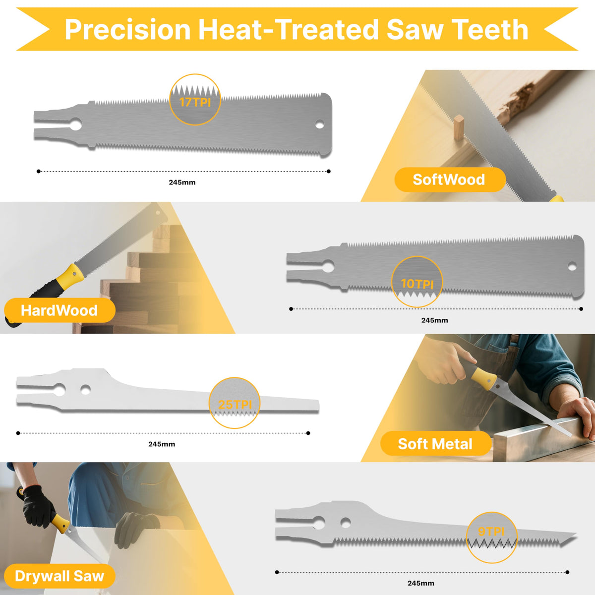 GARTOL Japanese pull saw set for clean wood, PVC, and soft metal cuts.