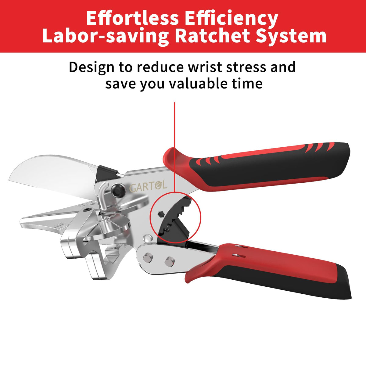 GARTOL Ratchet Miter Shears demonstrating multi-click ratchet action to reduce effort.