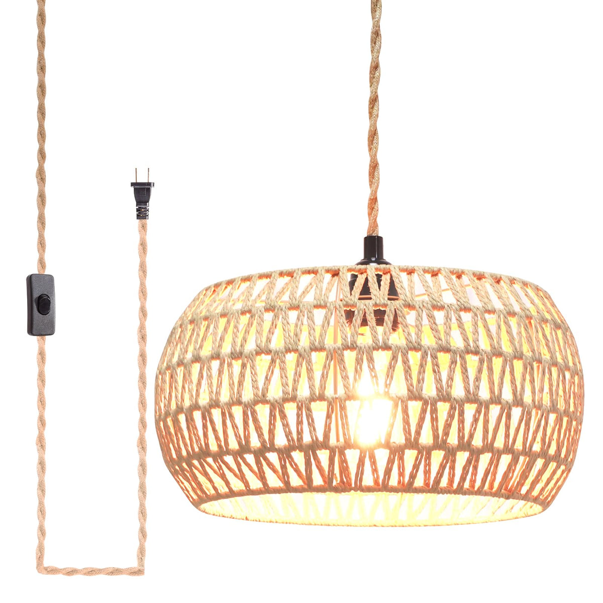 Garvot plug-in pendant light with rattan shade close-up showing woven texture