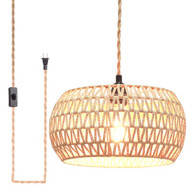 Garvot plug-in pendant light with rattan shade close-up showing woven texture