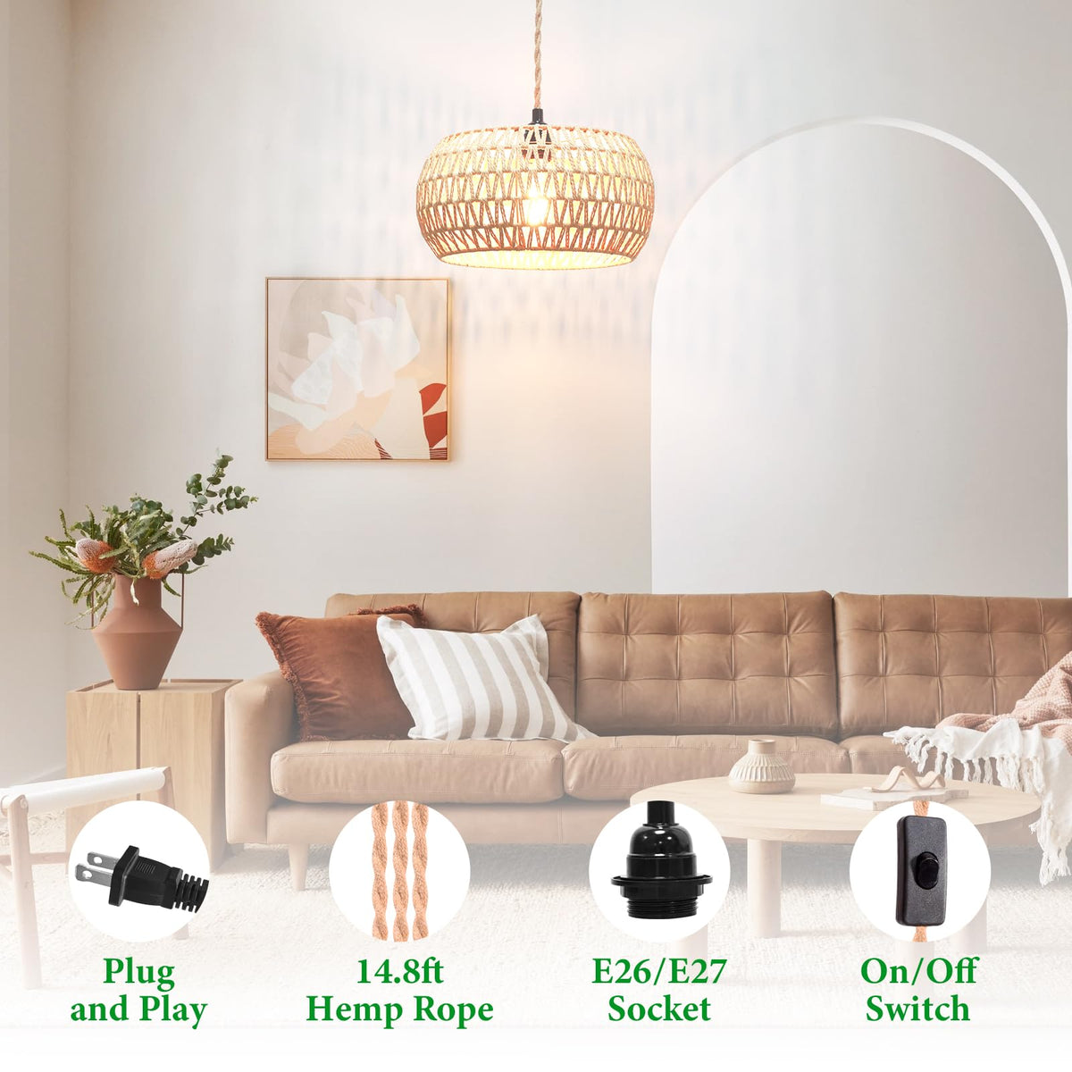 Garvot plug-in pendant light in living room delivering warm ambient glow
