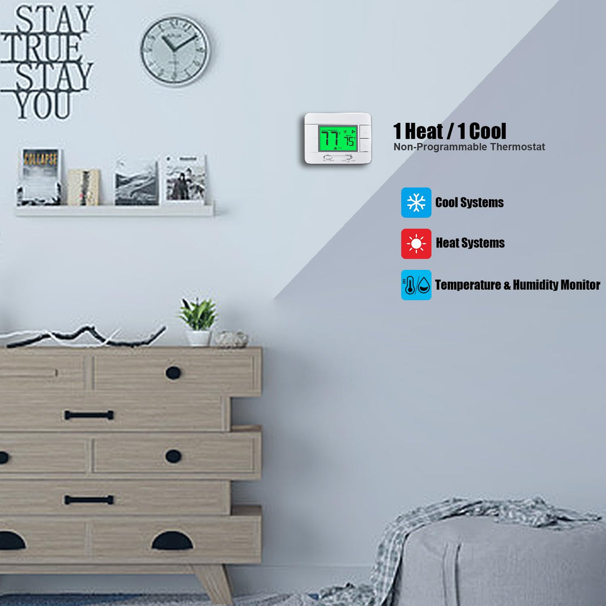Garystat thermostat humidity and temperature monitor display helps track home environment.