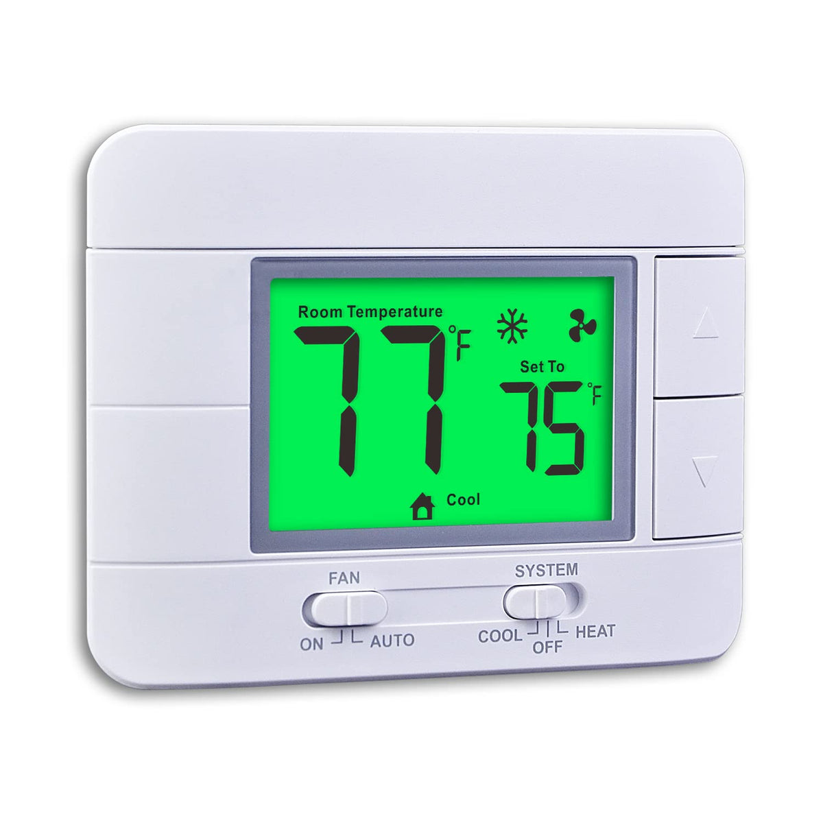 Garystat upgraded thermostat with green LCD front view for easy day-night readability.