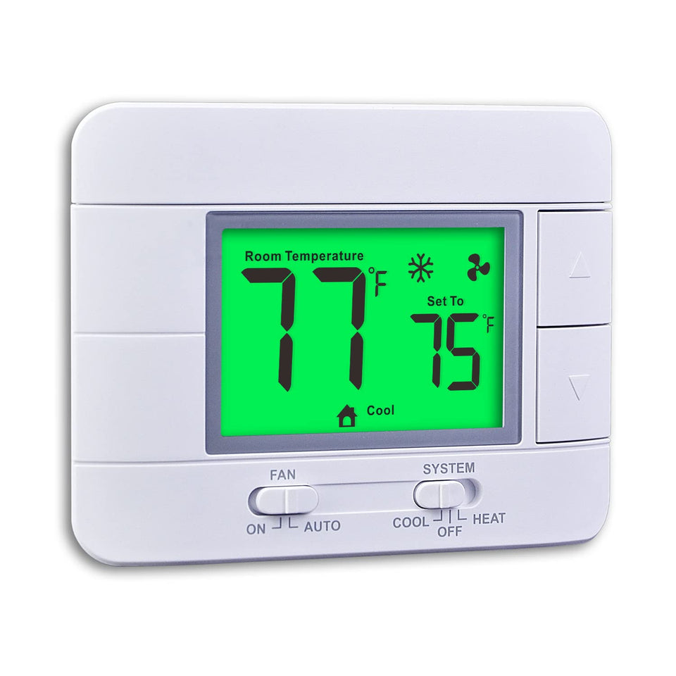 Garystat upgraded thermostat with green LCD front view for easy day-night readability.