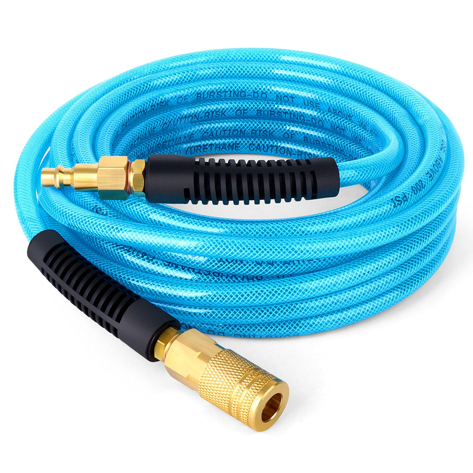 GASHER quarter-inch 25ft air hose with brass fittings and blue PU for reliable air delivery.