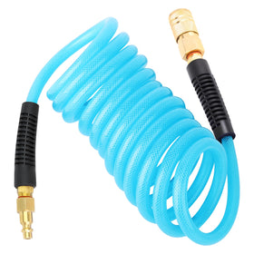 GASHER reinforced polyurethane recoil hose shown in compact design for easy storage.