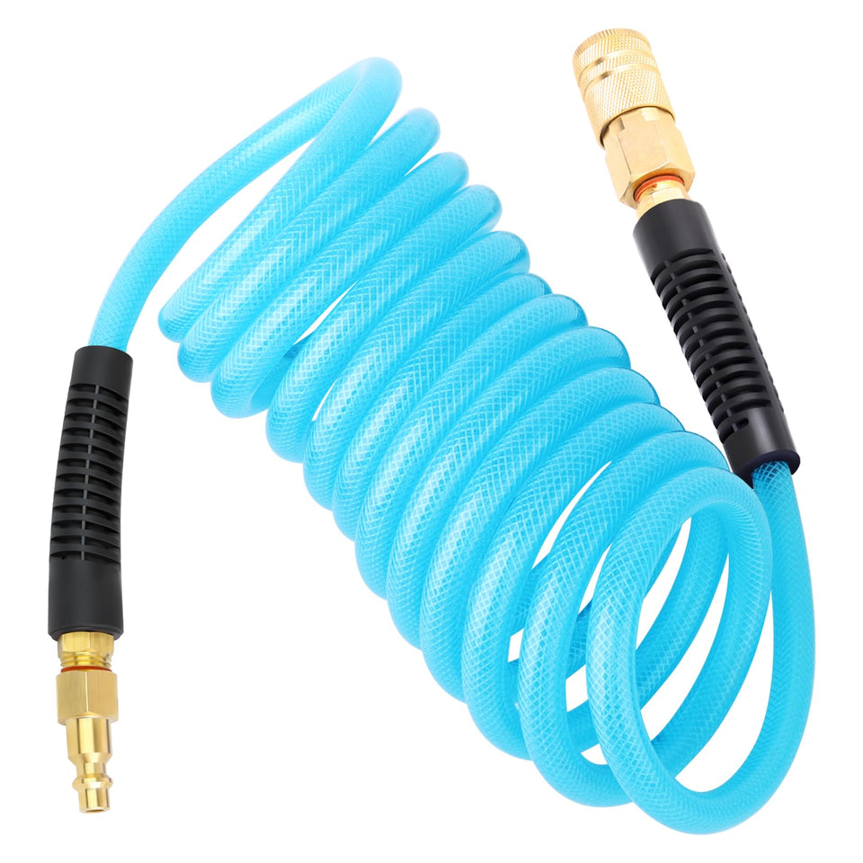 GASHER reinforced polyurethane recoil hose shown in compact design for easy storage.