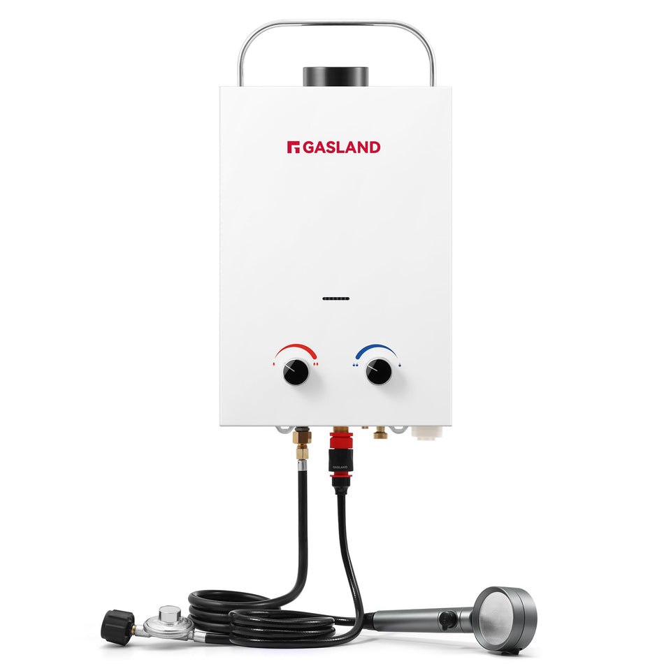 GASLAND BS158 portable water heater in outdoor shower setup for on‑demand hot water