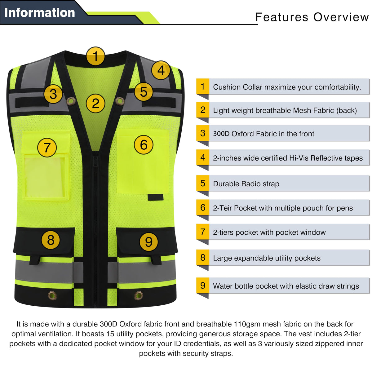 Gasoline vest back view showing reflective panels for all-around visibility.