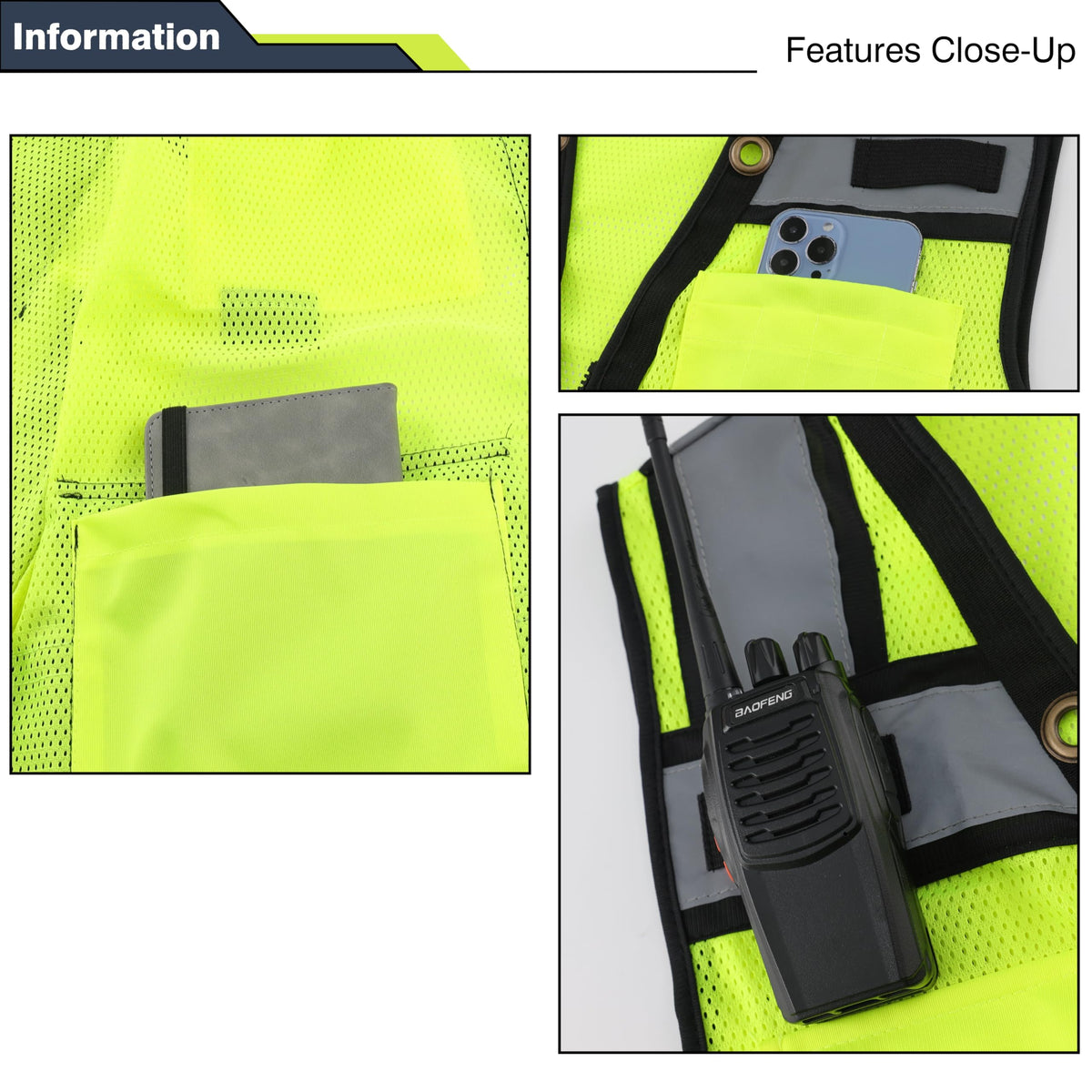 Gasoline safety vest with zipper front and durable construction details.