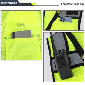Gasoline safety vest with zipper front and durable construction details.