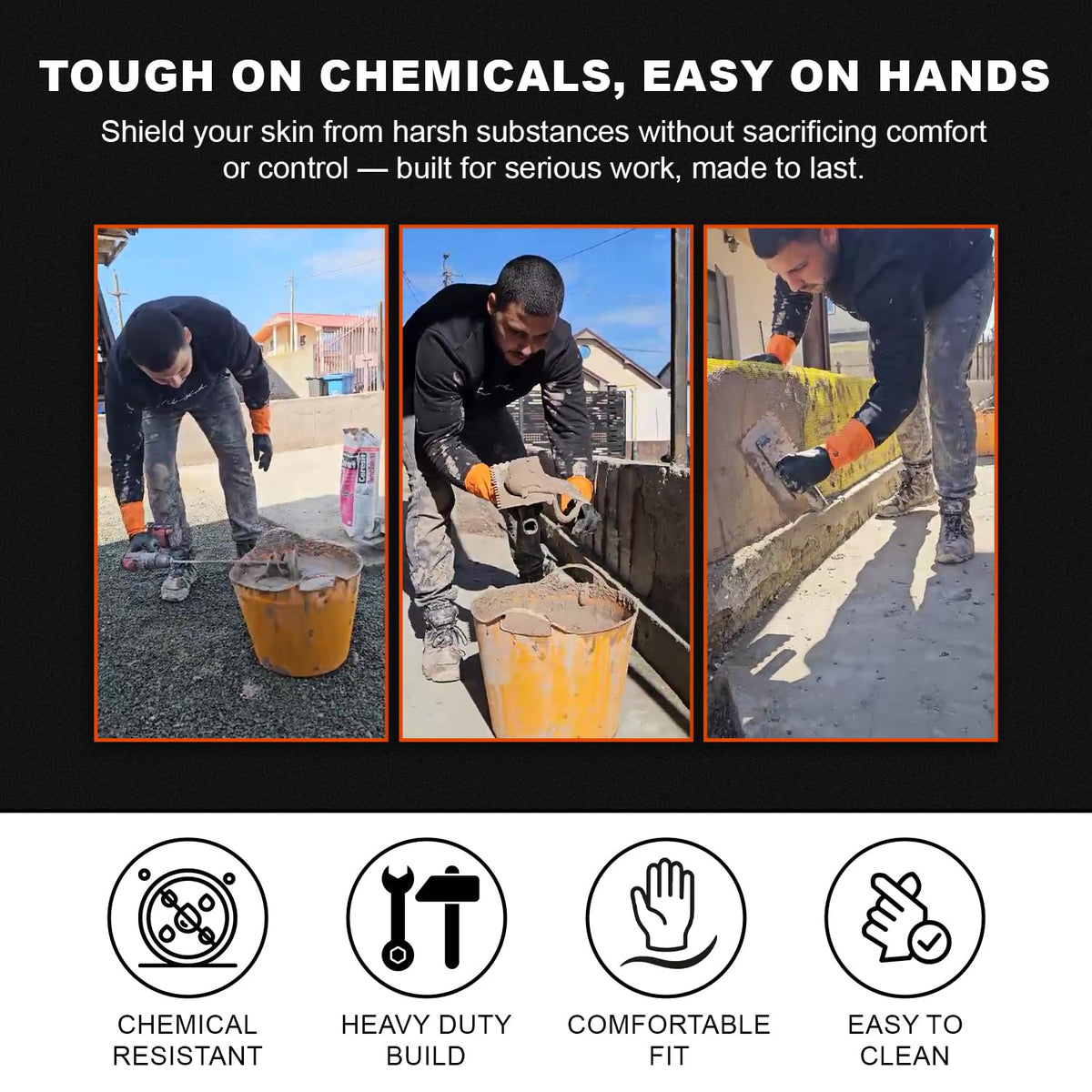Gastody chemical gloves anti-slip grip improves control in wet or dry work.