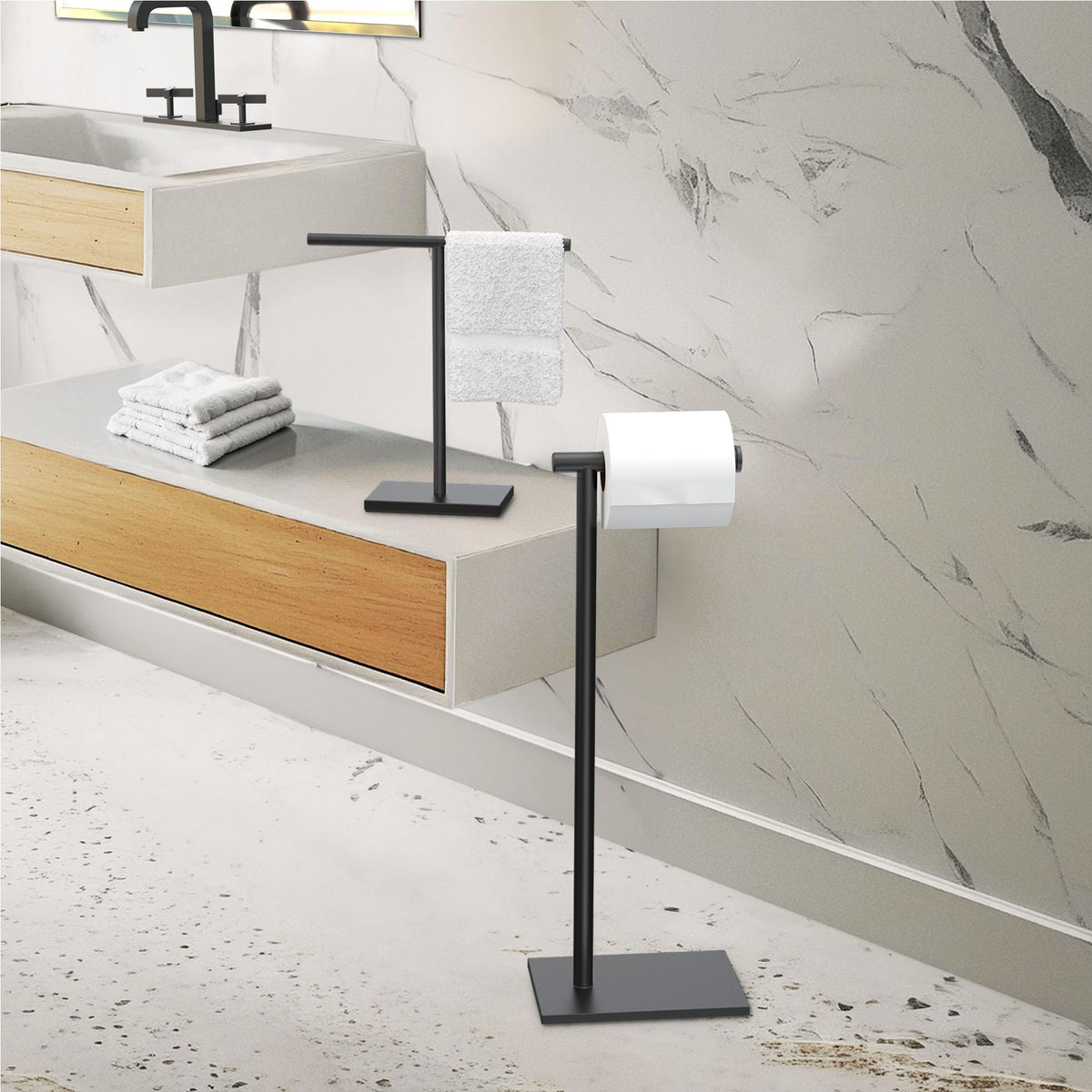 Gatco 1431MX visual of no-drill, floor-standing installation concept.