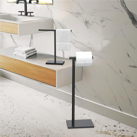 Gatco 1431MX visual of no-drill, floor-standing installation concept.