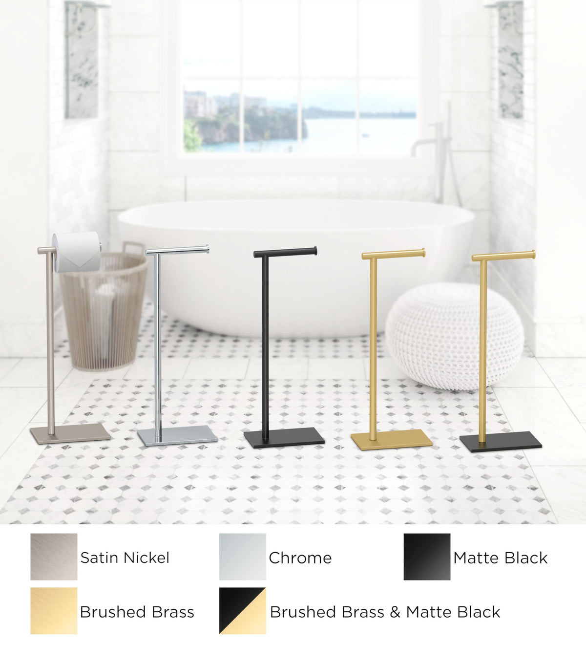 Gatco 1431MX shows compatibility with jumbo to standard toilet paper rolls.