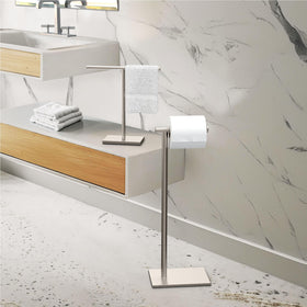 Gatco 1431SN curved dowel arm enables easy paper dispensing.