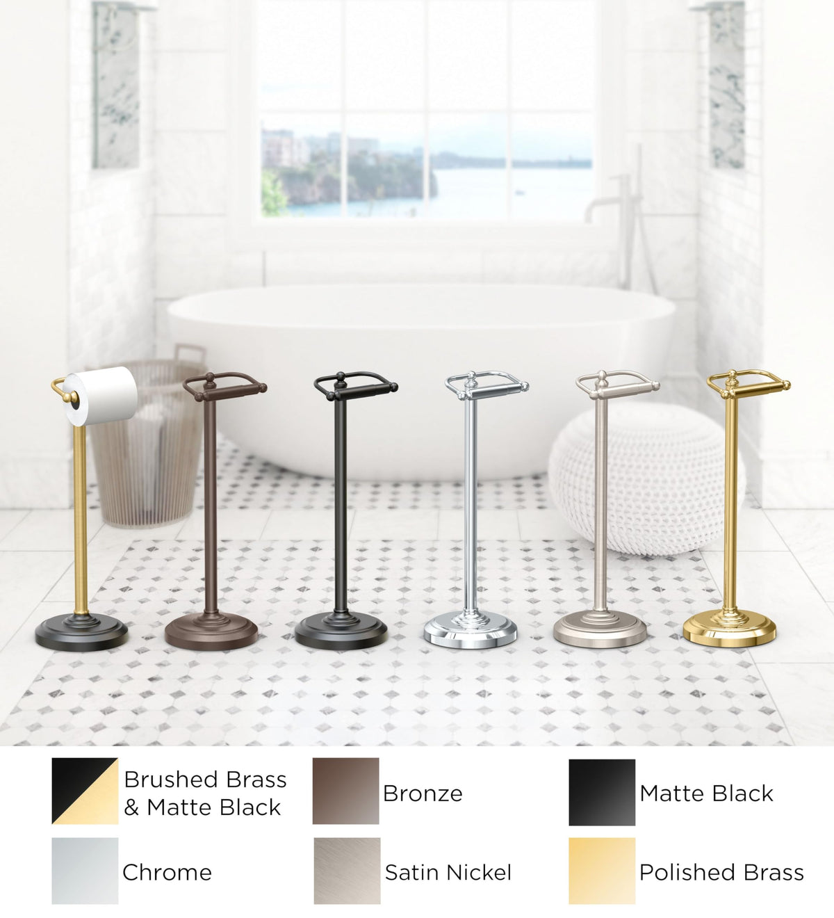 Gatco 1436MX freestanding bathroom stand in matte black saves wall space