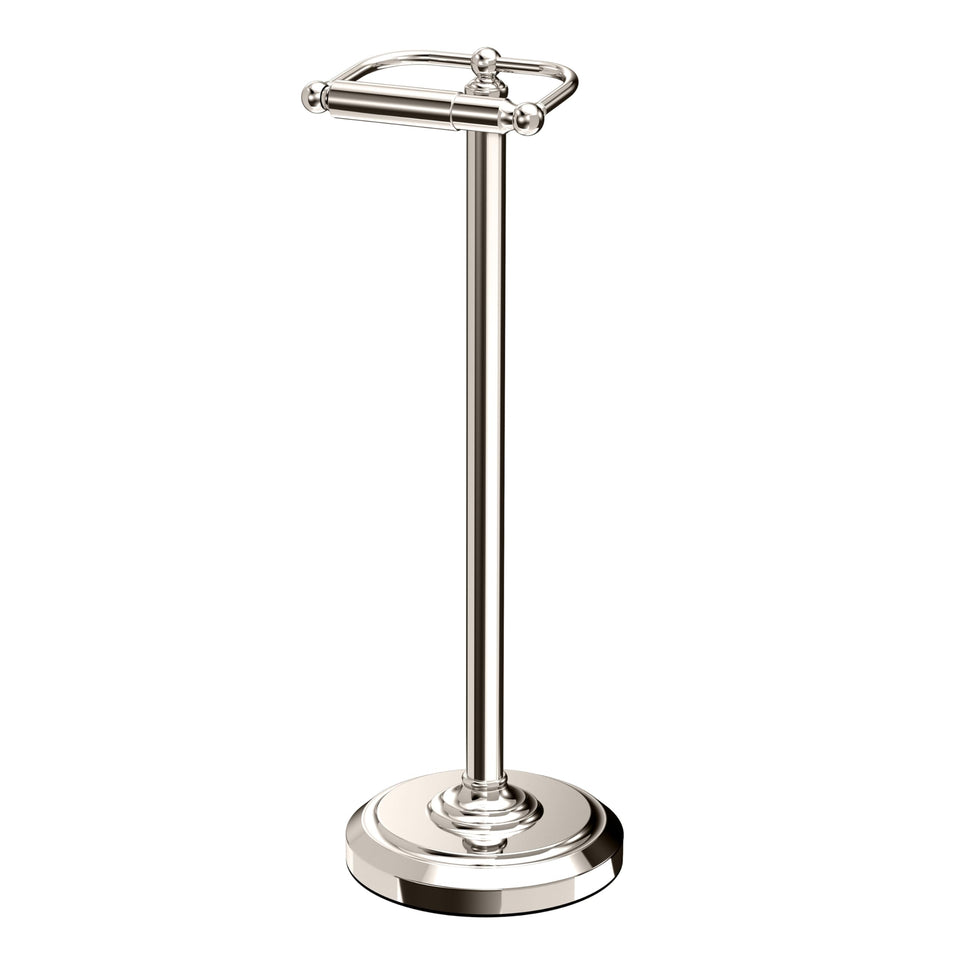 Gatco 1436PN freestanding base toilet paper holder in polished nickel for versatile bathroom setup.