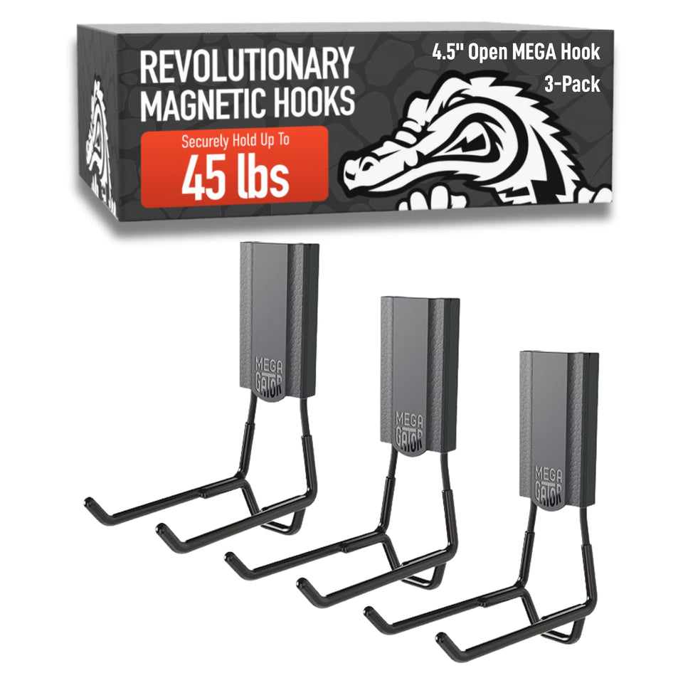 Gator Magnetics Mega 4.5 in open hook offers strong hold on steel surfaces for garage use.
