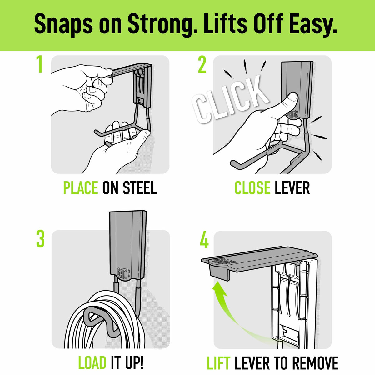 GATOR MAGNETICS Mega patented easy-release enables quick repositioning.