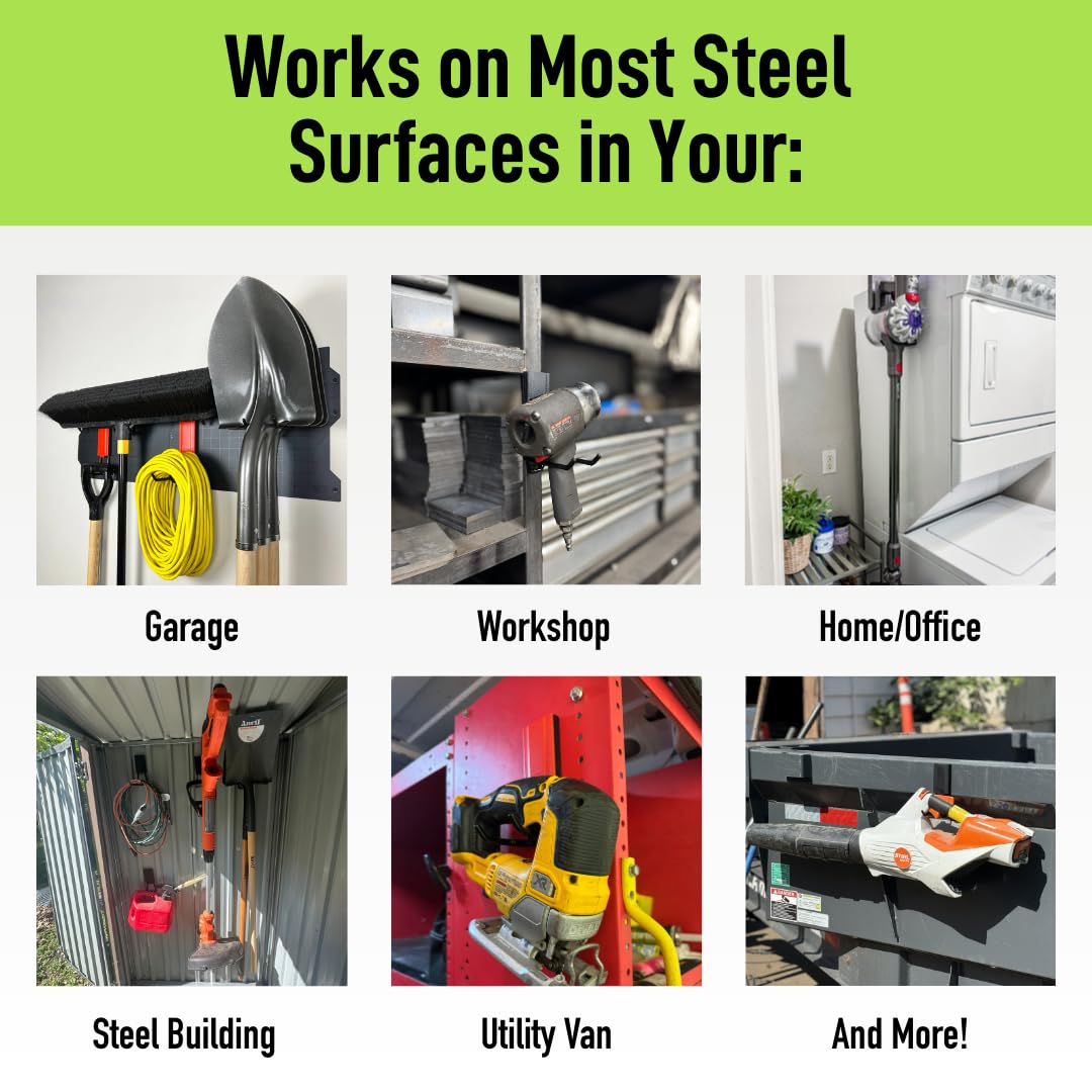 Garage organization using Mega 3 hooks on steel cabinets