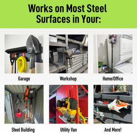 Garage organization using Mega 3 hooks on steel cabinets