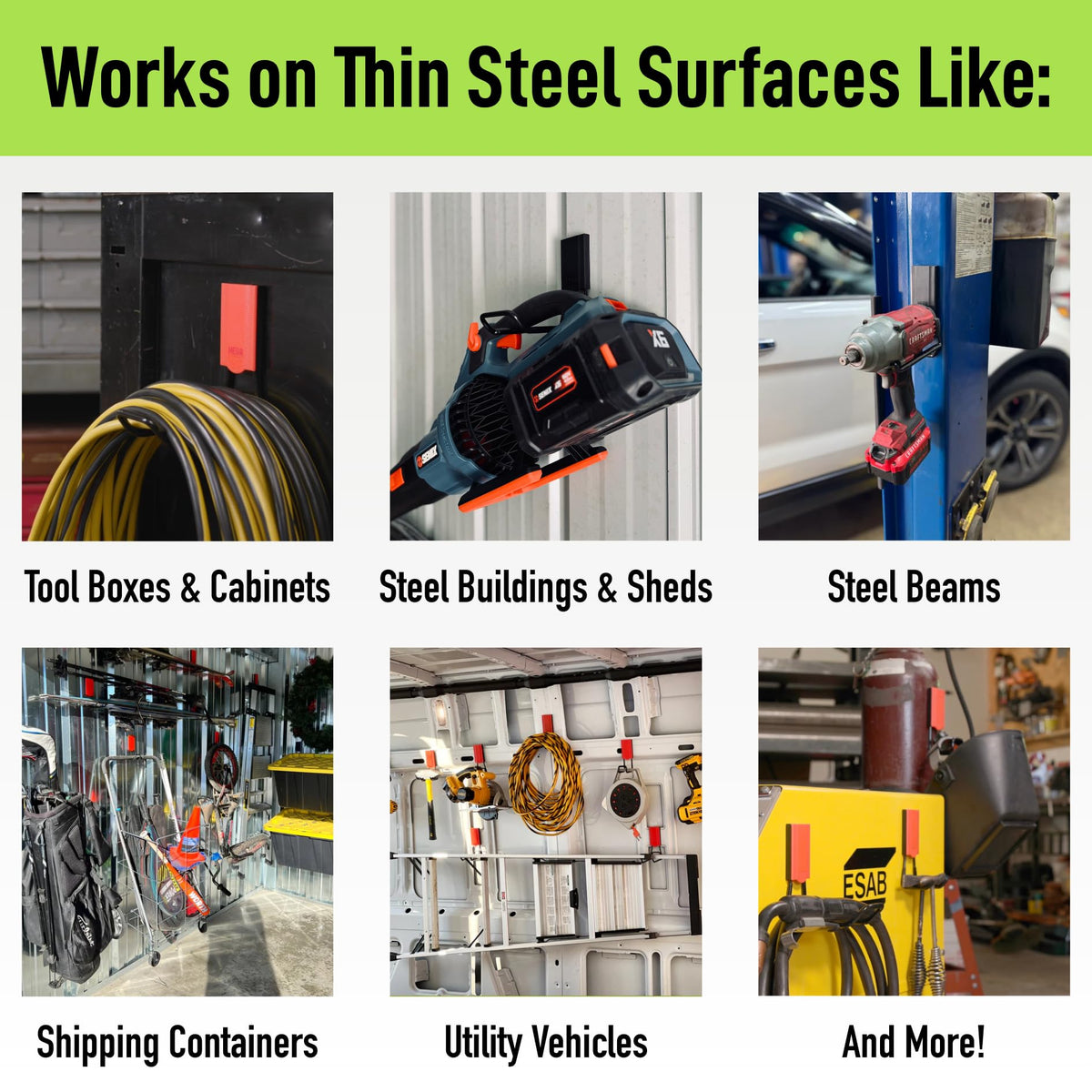 Heavy-duty hook with steel surface for securing power tools.