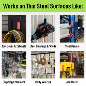 Heavy-duty hook with steel surface for securing power tools.