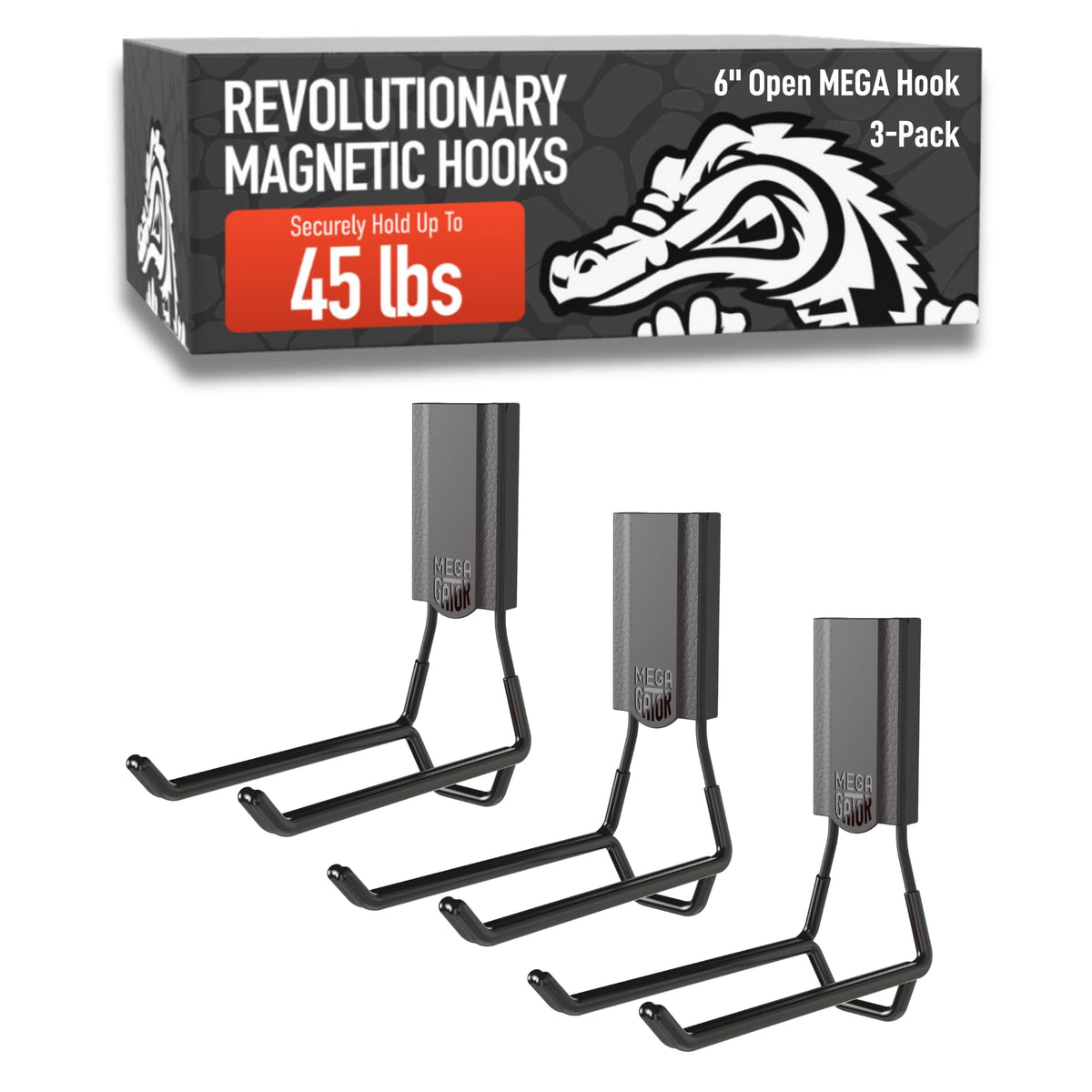 Gator Magnetics Mega 6 open hooks gripping a steel cabinet for strong organization