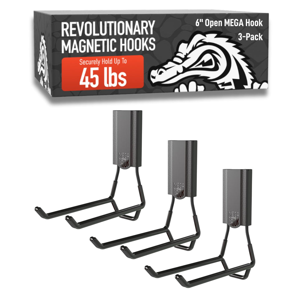 Gator Magnetics Mega 6 open hooks gripping a steel cabinet for strong organization